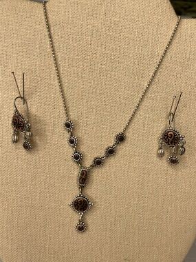Boho Silver-Tone Brown Enamel Necklace & Earring Set